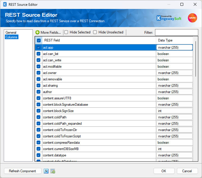 Splunk Source Component - Columns
